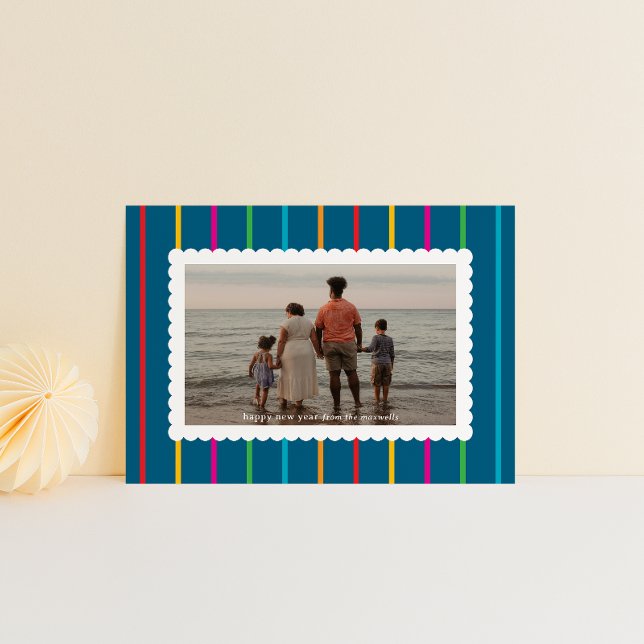 Blue Simple Stripes and Scallops Landscape Photo Holiday Card (new year card blue with bright colored vertical stripes and family photo in a white scalloped frame )