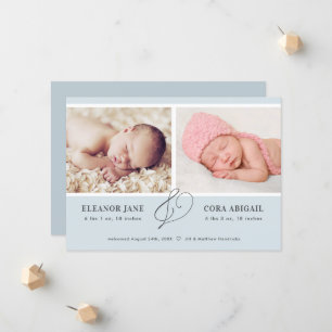 Blue Simple Twin Boys Photo Birth Announcement