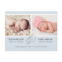Blue Simple Twin Boys Photo Birth Announcement