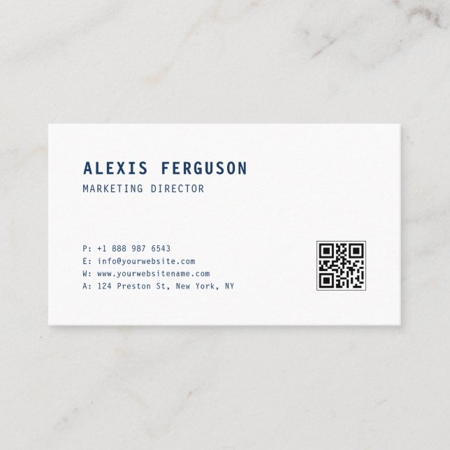 Blue Simple Typography with QR Code Minimalist Business Card (Front)