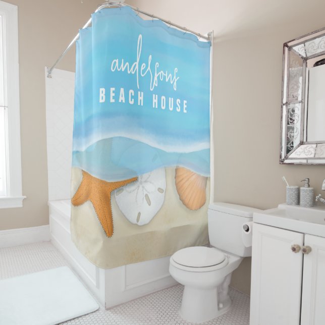 Blue Simple Watercolor Coastal Ocean Seaside  Shower Curtain (In Situ)