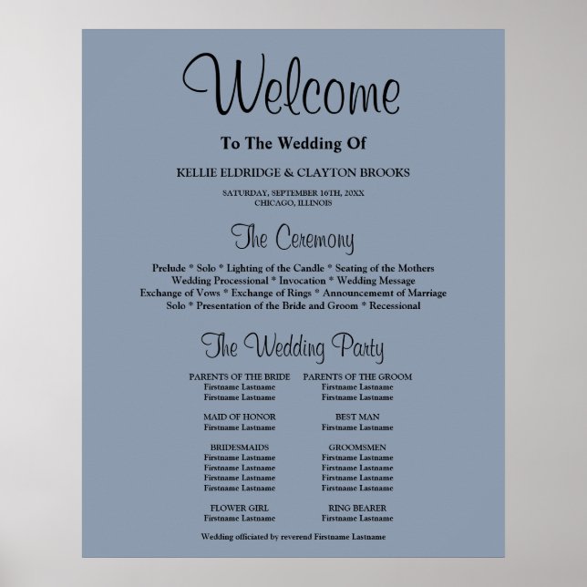 Blue Simple Wedding Ceremony Program Sign (Front)