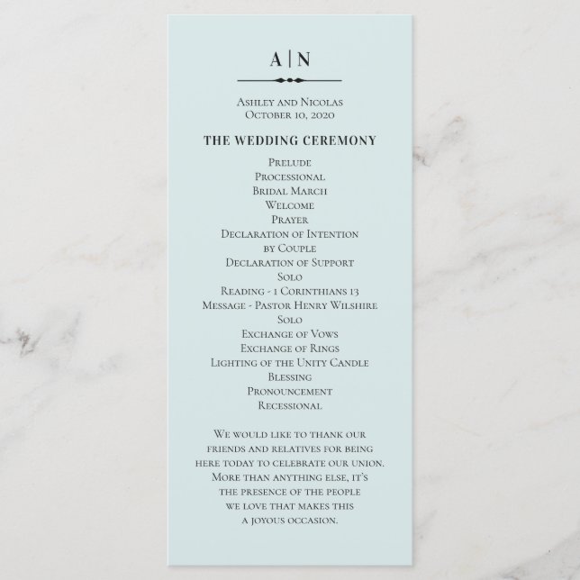 Blue simple wedding. Elegant classic typography Program (Front)