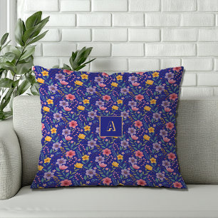 Blue simple wildflower pattern monogram cushion