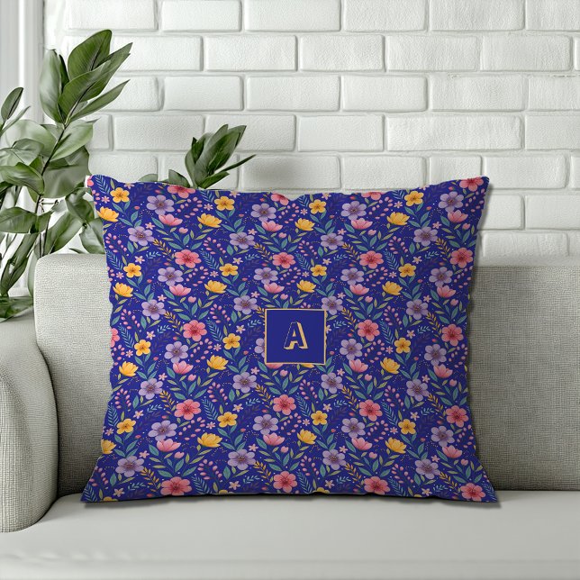 Blue simple wildflower pattern monogram cushion (Creator Uploaded)