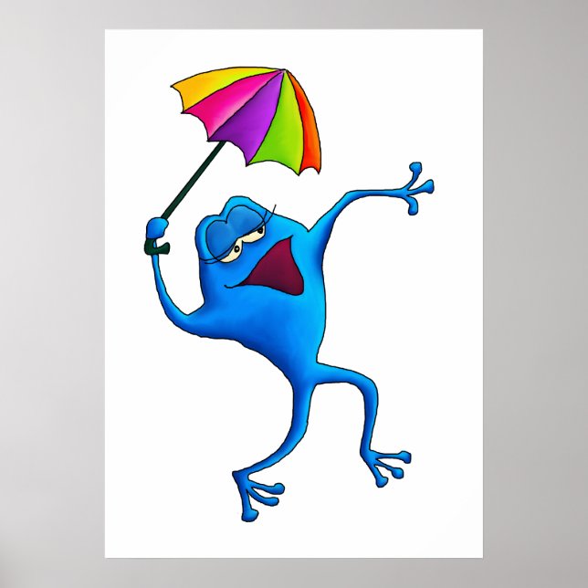Blue Singing Frog with Umbrella Poster (Front)