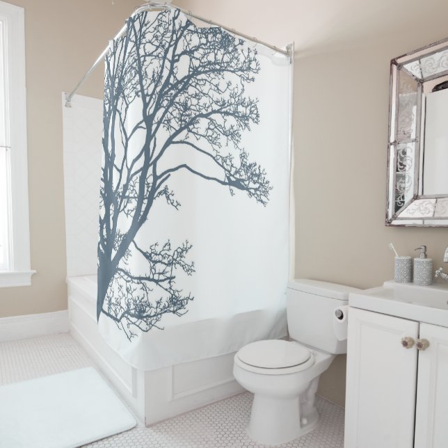 Blue Single Tree Boho Shower Curtain (In Situ)