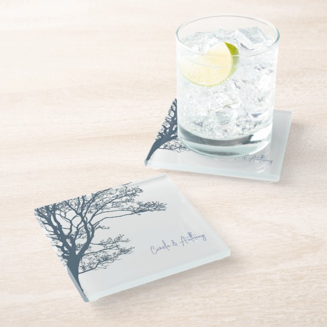Blue Single Tree Boho Wedding Glass Coaster (Angled)