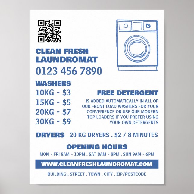 Blue Sketch Washer, Laundromat, Cleaning Service Poster (Front)