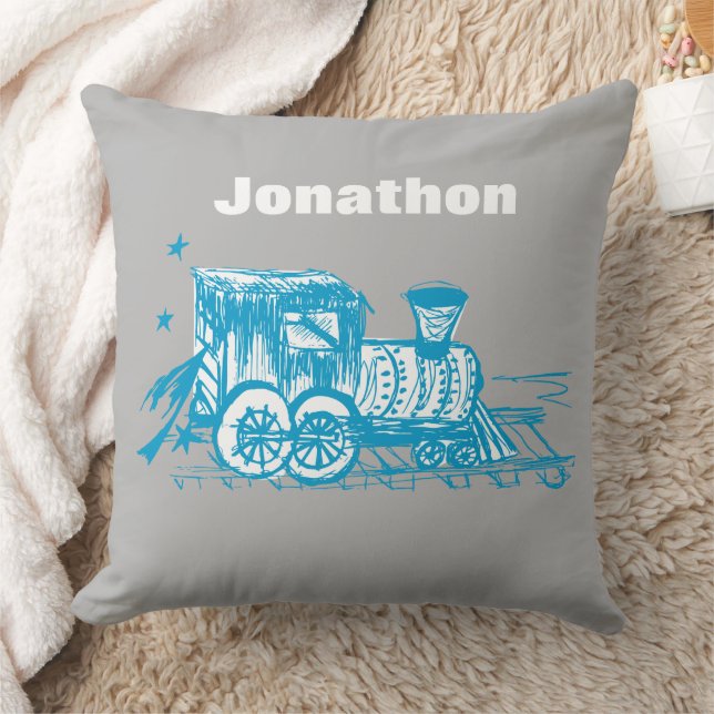 Blue Sketched Choo Choo Train Boys Room Nursery Cushion (Blanket)