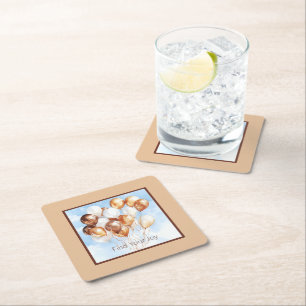 Blue Skies Gold White Balloons Square Paper Coaster