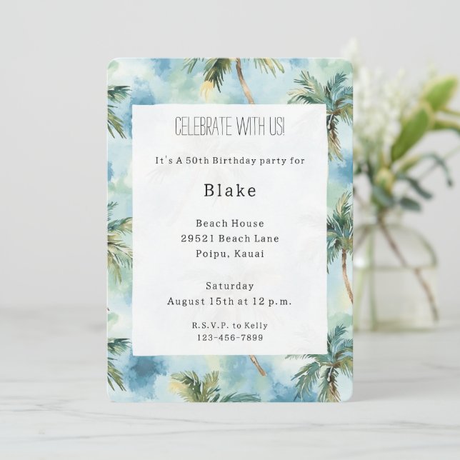 Blue Skies Tropical Island Palm Trees Birthday Invitation (Standing Front)
