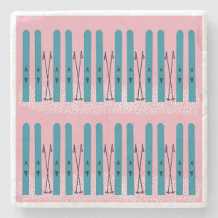Blue skis on pink background stone coaster