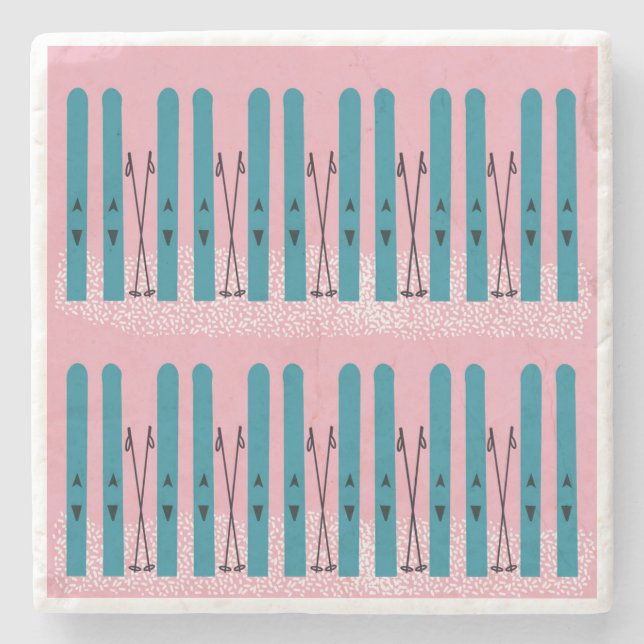 Blue skis on pink background stone coaster (Front)