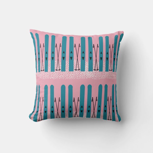 Blue skis on pink throw pillow (Front)