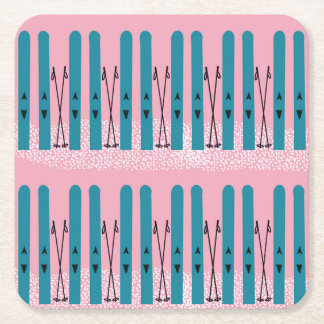 Blue skis on snow & pink background square paper coaster