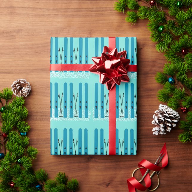 Blue skis on snow wrapping paper (Holiday Gift)