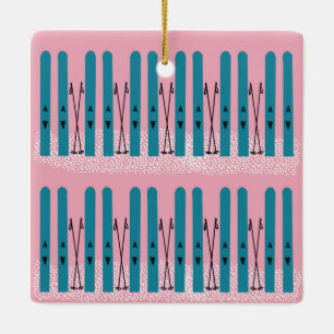 Blue skis with on snow ceramic ornament