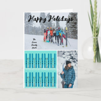 Blue skis with snow card