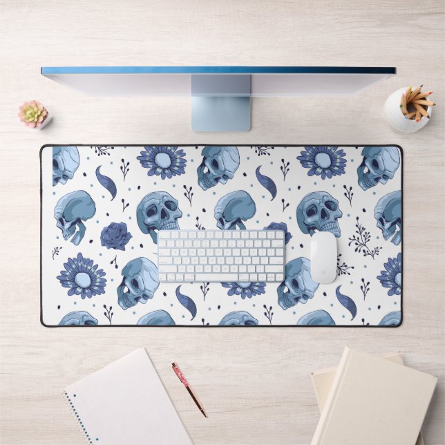 Blue Skull & Floral Pattern Desk Mat (Office 1)