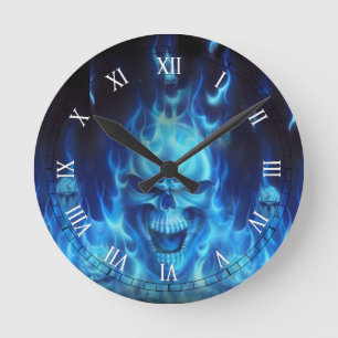 blue skull head with flames round clock
