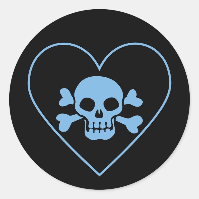 Blue Skull in Heart Classic Round Sticker (Front)