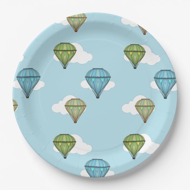 Blue Sky and Clouds Hot Air Balloon Paper Plates (Front)