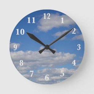 Blue Sky and Clouds - White Numbers Round Clock