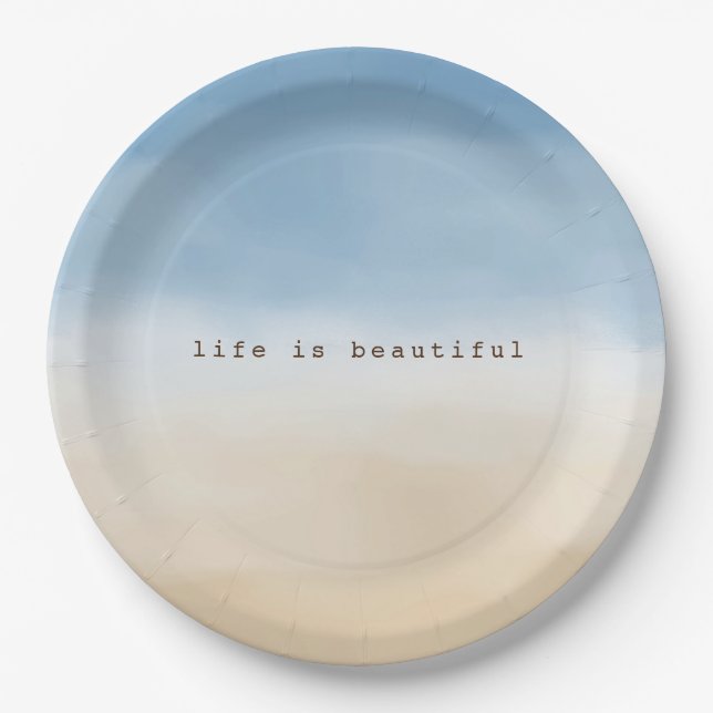 Blue Sky Beige Sand Ombre Watercolor personalised Paper Plate (Front)