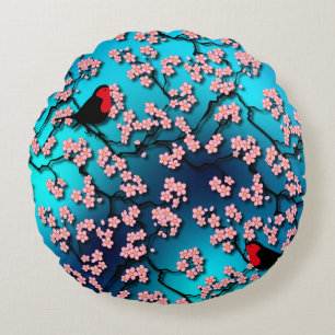 Blue Sky Bird Cherry Blossom Round Cushion