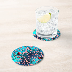 Blue Sky Bird Cherry Blossom Round Paper Coaster