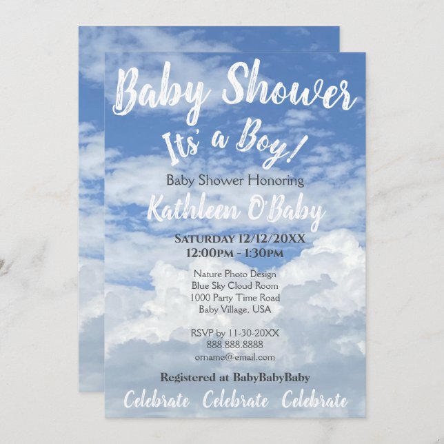 BLUE SKY CLOUDS PHOTO BABY BOY SHOWER INVITATION (Front/Back)
