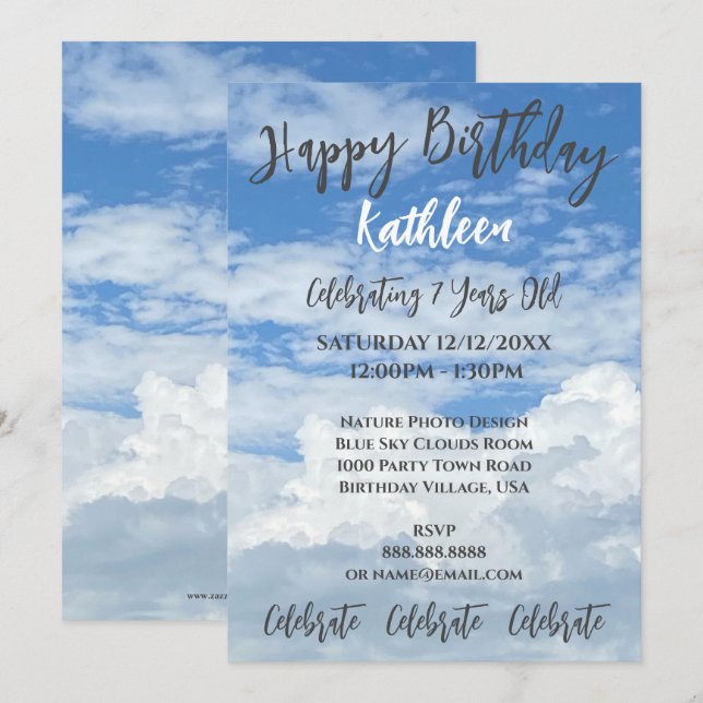 BLUE SKY CLOUDS PHOTO BIRTHDAY INVITATION (Front/Back)