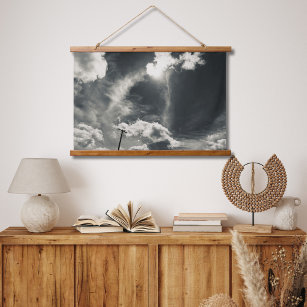Blue Sky Clouds & Power Lines in Grayscale  Hanging Tapestry