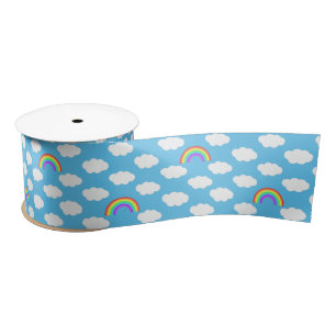 Blue Sky Clouds Rainbow Pattern Satin Ribbon
