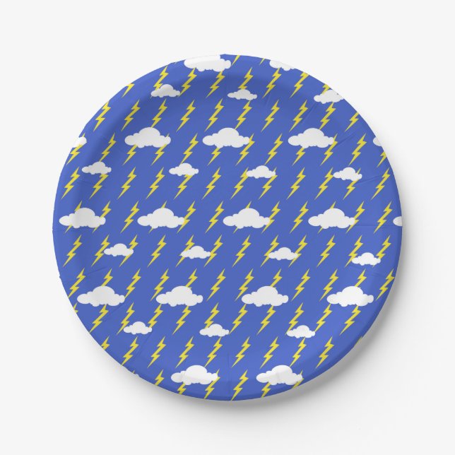 Blue Sky Cloudy Thunderstorm White Clouds Thunders Paper Plate (Front)