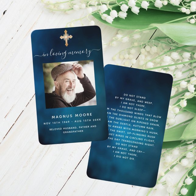 Blue sky gold cross photo funeral prayer card (Creator Uploaded)