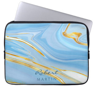 Blue Sky Gold Glitter Marble Customisable Laptop Sleeve