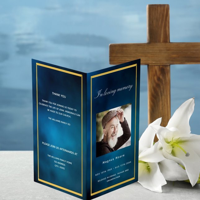 Blue sky gold photo elegant funeral program (Creator Uploaded)