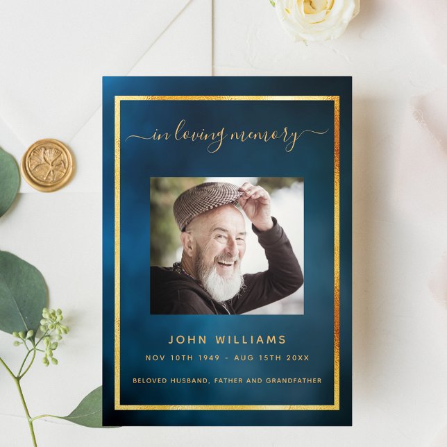 Blue sky gold photo tri-fold funeral program (Creator Uploaded)