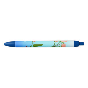 Blue sky gradient with blooming spring branch black ink pen