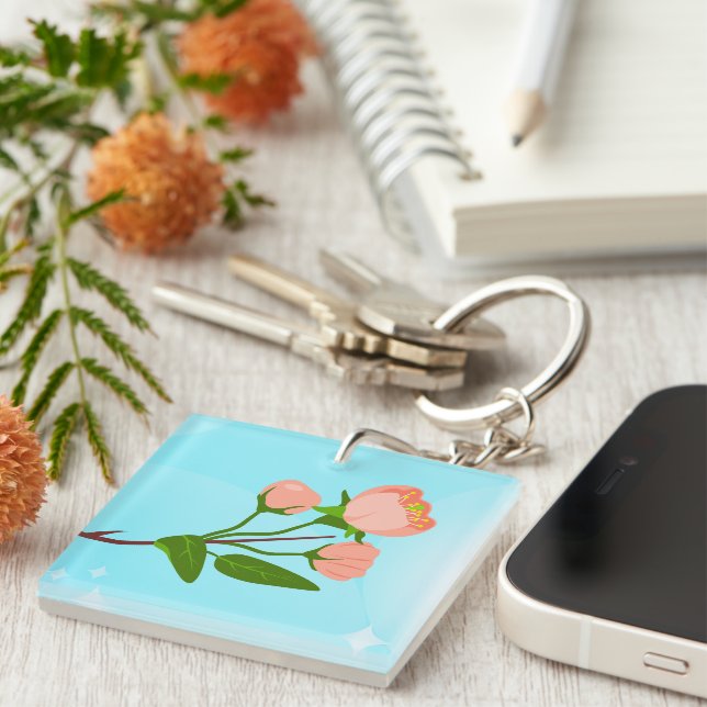 Blue sky gradient with blooming spring branch  key ring (Front Right)