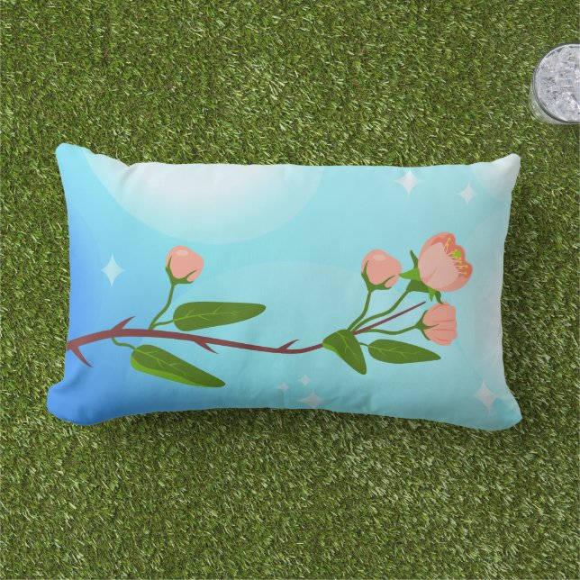 Blue sky gradient with blooming spring branch  lumbar cushion (Grass)