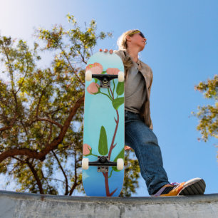 Blue sky gradient with blooming spring branch skateboard