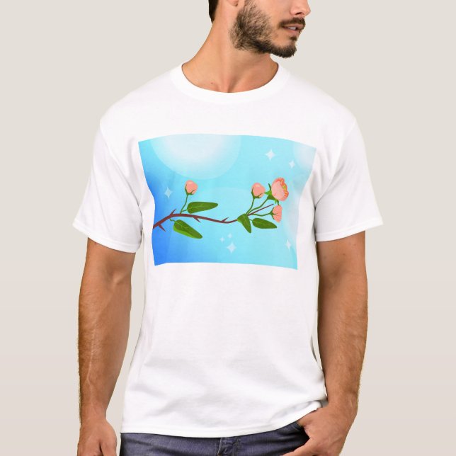 Blue sky gradient with blooming spring branch T-Shirt (Front)