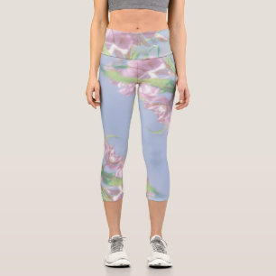 Blue Sky Green Plant Leaves Purple Flowers Capri Leggings
