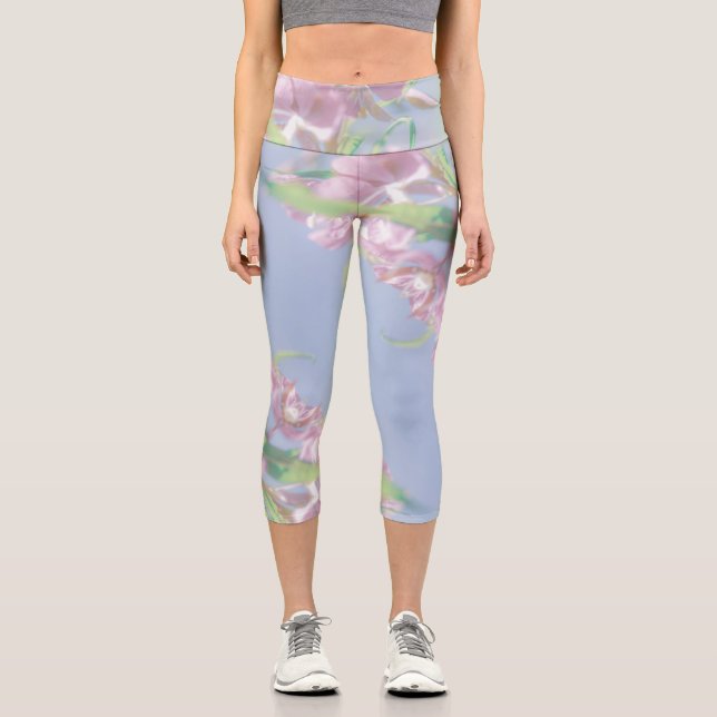 Blue Sky Green Plant Leaves Purple Flowers Capri Leggings (Front)