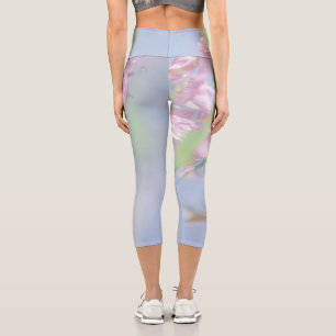 Blue Sky Green Plant Leaves Purple Flowers Capri Leggings