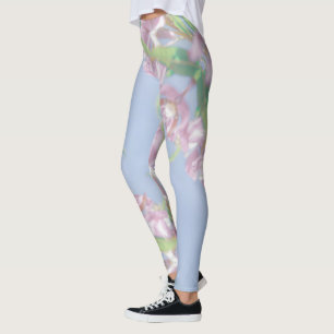 Blue Sky Green Plant Leaves Purple Flowers Leggings