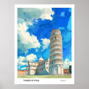 Blue Sky in Tower of Pisa Italy Vintage Travel Poster